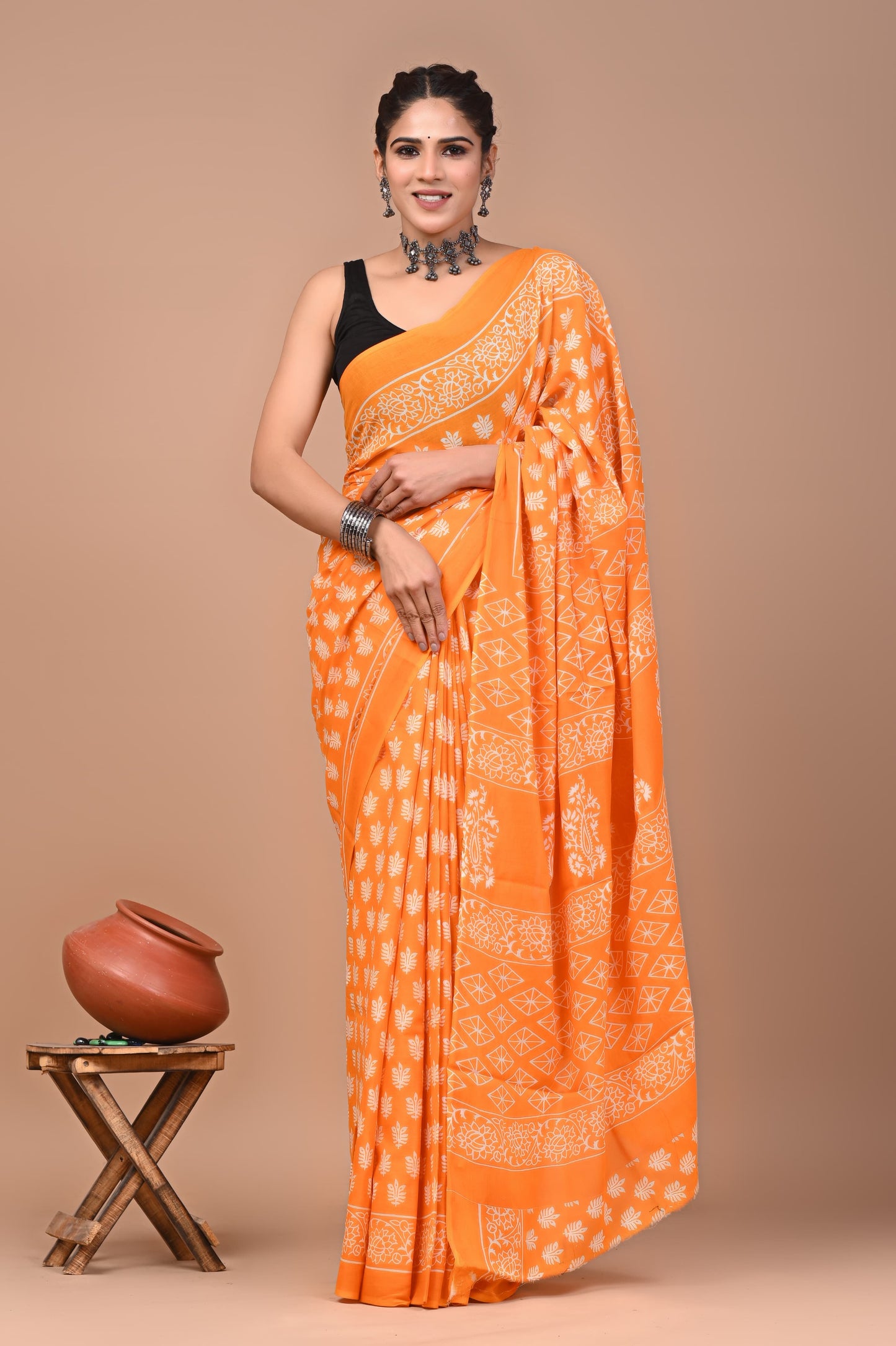HAND BLOCK PRINT COTTON MULMUL SAREE WITH BLOUSE