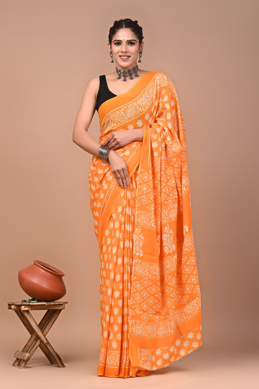 HAND BLOCK PRINT COTTON MULMUL SAREE WITH BLOUSE