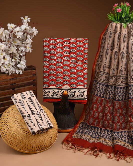 Bagru Hand Block Printed Cotton Suit Sets with Kota Doriya Dupatta (BACOTKD03)