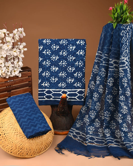 Bagru Hand Block Printed Cotton Suit Sets with Kota Doriya Dupatta (BACOTKD04)