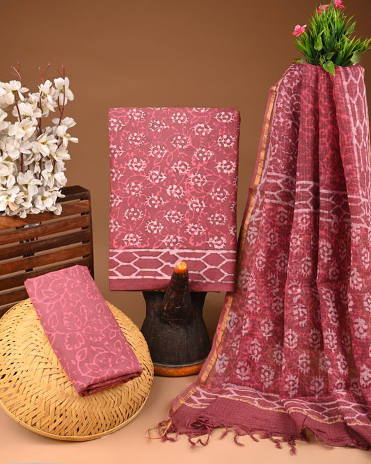 Bagru Hand Block Printed Cotton Suit Sets with Kota Doriya Dupatta (BACOTKD07)