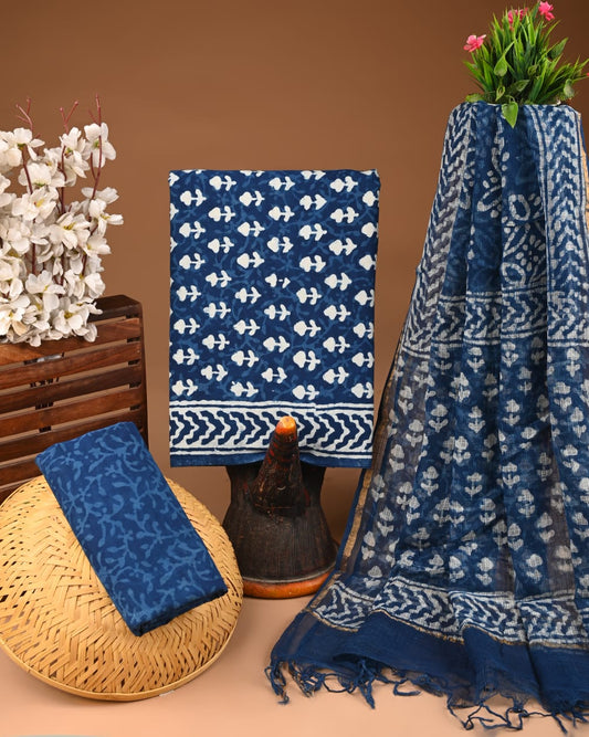 Bagru Hand Block Printed Cotton Suit Sets with Kota Doriya Dupatta (BACOTKD09)