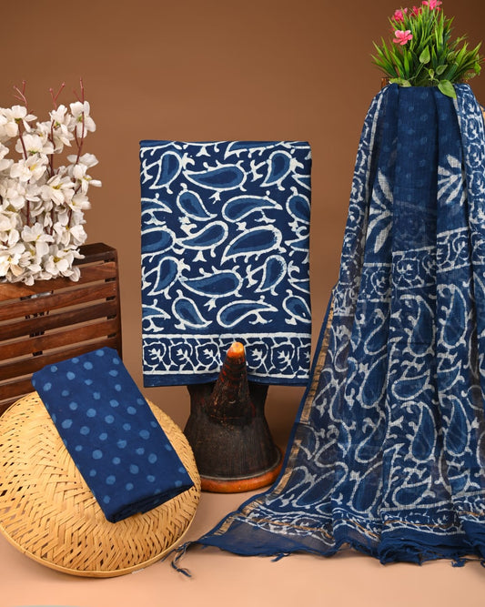 Bagru Hand Block Printed Cotton Suit Sets with Kota Doriya Dupatta (BACOTKD12)