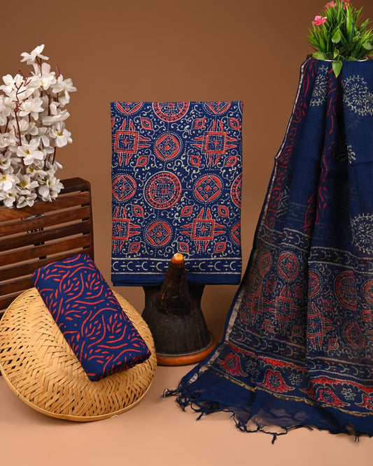 Bagru Hand Block Printed Cotton Suit Sets with Kota Doriya Dupatta (BACOTKD13)