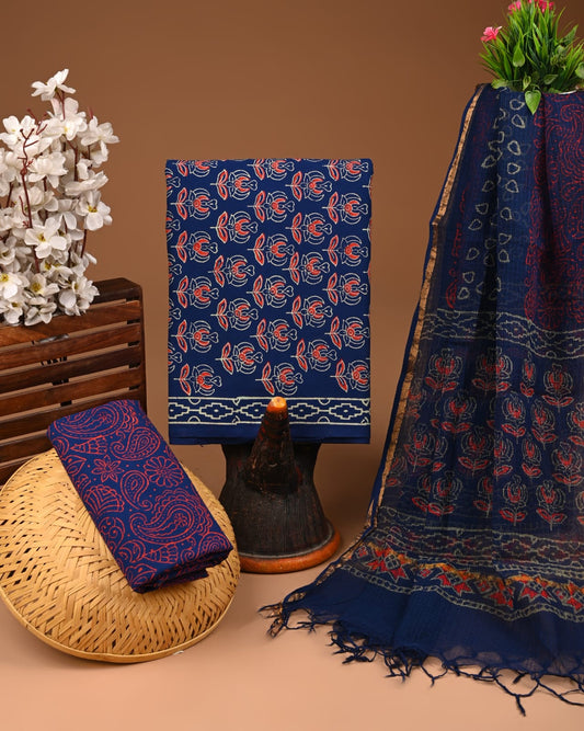 Bagru Hand Block Printed Cotton Suit Sets with Kota Doriya Dupatta (BACOTKD14)