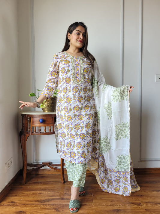 Hand Block Printed Stitched Cotton Suit Set with Cotton Dupatta (BASCSCD07)