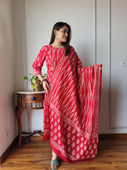 Hand Block Printed Stitched Cotton Suit Set with Cotton Dupatta (BASCSCD06)