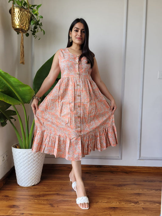 Bagru Hand Block Printed Sleeveless Cotton One-Piece Dress with Pocket (BACOOPD03)