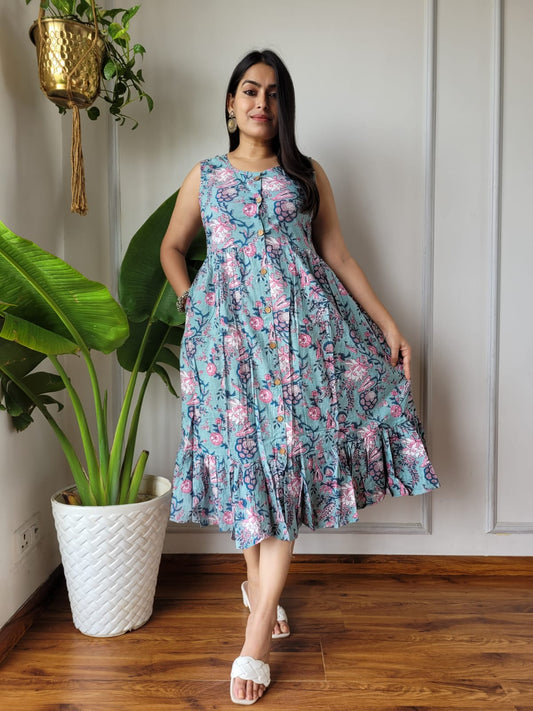 Bagru Hand Block Printed Sleeveless Cotton One-Piece Dress with Pocket (BACOOPD02)