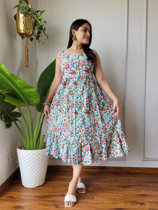 Bagru Hand Block Printed Sleeveless Cotton One-Piece Dress with Pocket (BACOOPD01)