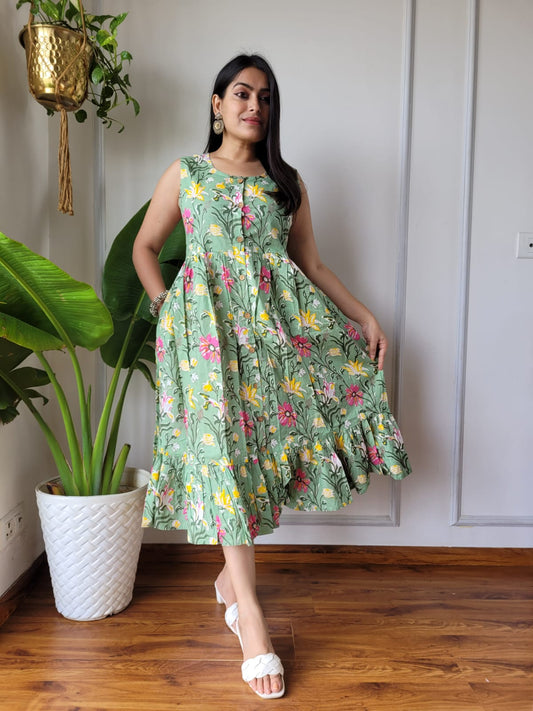 Bagru Hand Block Printed Sleeveless Cotton One-Piece Dress with Pocket (BACOOPD05)