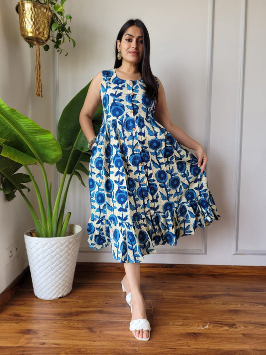 Bagru Hand Block Printed Sleeveless Cotton One-Piece Dress with Pocket (BACOOPD06)