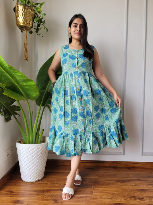 Bagru Hand Block Printed Sleeveless Cotton One-Piece Dress with Pocket (BACOOPD07)
