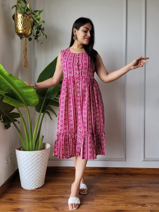 Bagru Hand Block Printed Sleeveless Cotton One-Piece Dress with Pocket (BACOOPD08)