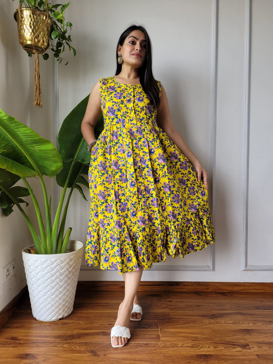 Bagru Hand Block Printed Sleeveless Cotton One-Piece Dress with Pocket (BACOOPD04)