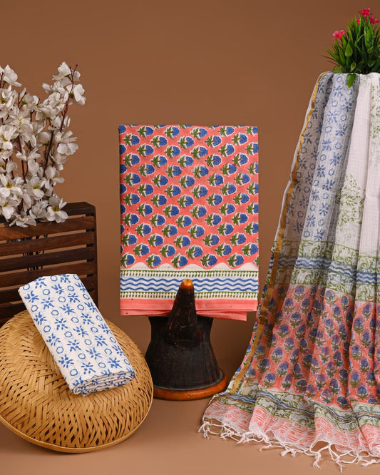 Hand Block Printed Pure Cotton Suits With Pure Kota Doriya Duptta (BACOTKD42)