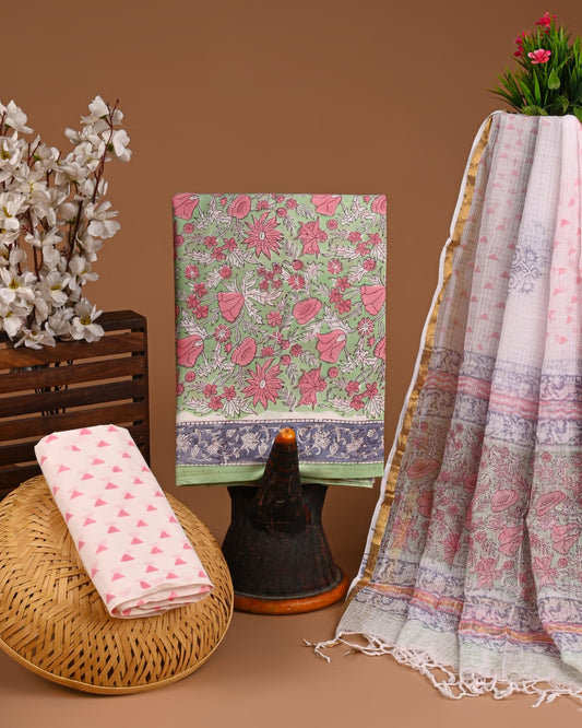 Hand Block Printed Pure Cotton Suits With Pure Kota Doriya Duptta (BACOTKD43)