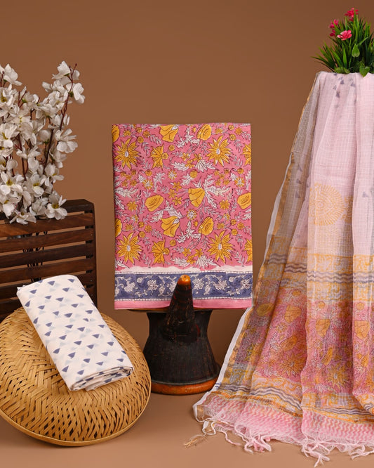 Hand Block Printed Pure Cotton Suits With Kota Doriya Dupatta