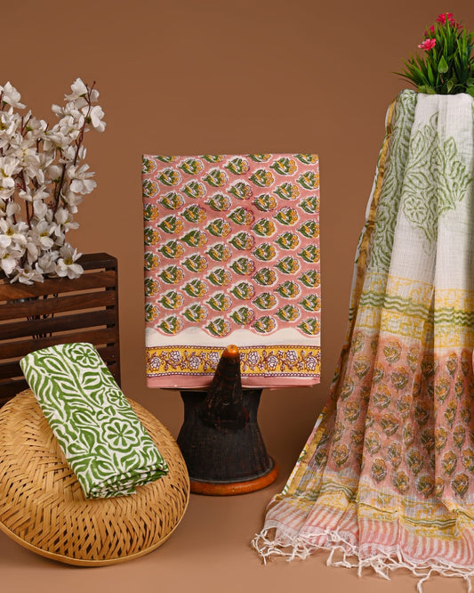 Hand Block Printed Pure Cotton Suits With Kota Doriya Dupatta
