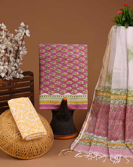 Hand Block Printed Pure Cotton Suits With Kota Doriya Dupatta