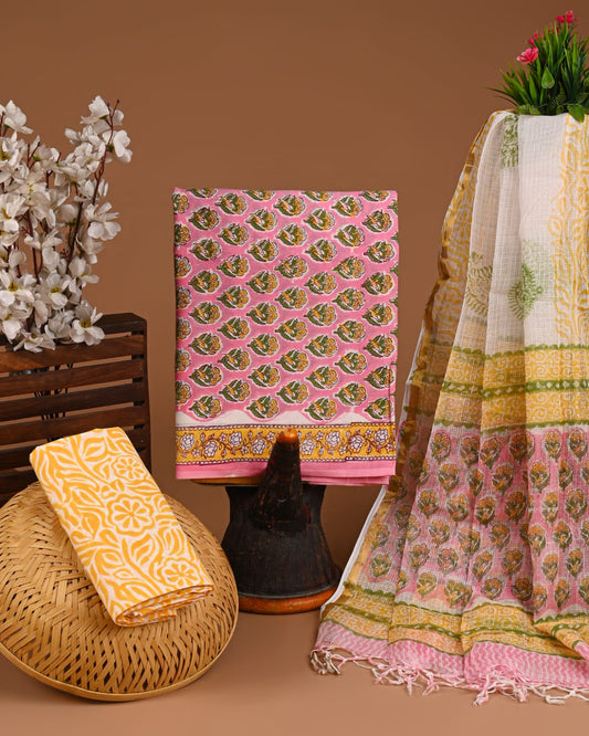 Hand Block Printed Pure Cotton Suits With Kota Doriya Dupatta