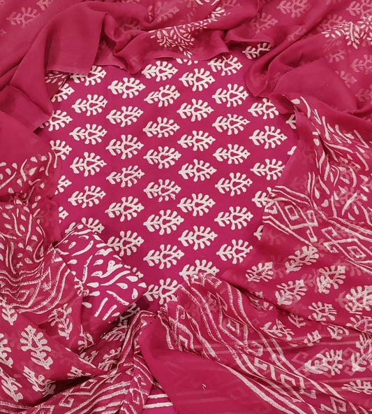 Premium Hand Block Printed Cotton Suit With Chiffon Dupatta (BACOTCF15)
