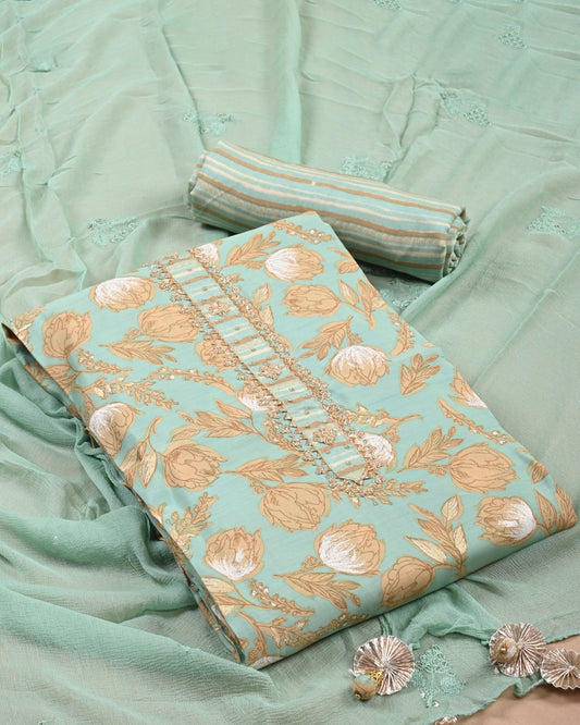 Premium Muslin Suit Set with Heavy Work Chiffon & Modal Silk Dupatta (BAMSCF13)