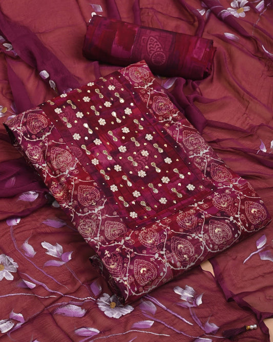 Premium Muslin Suit Set with Heavy Work Chiffon & Modal Silk Dupatta (BAMSCF14)