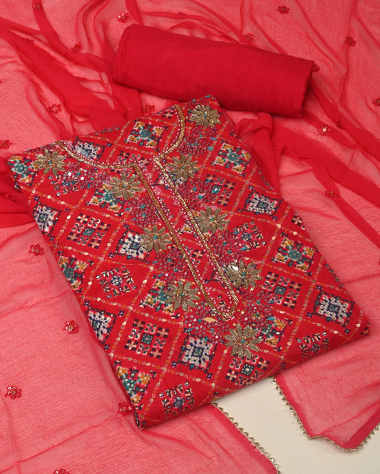 Premium Muslin Suit Set with Heavy Work Chiffon & Modal Silk Dupatta (BAMSCF18)