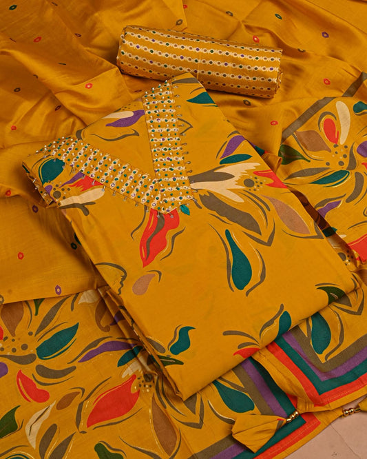 Premium Muslin Suit Set with Heavy Work Chiffon & Modal Silk Dupatta (BAMSCF21)