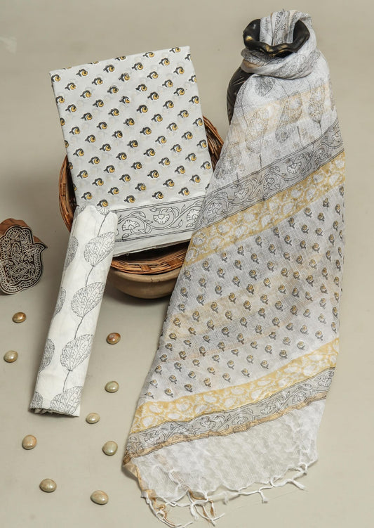 Bagru Hand Block Printed Cotton Suit Sets with Kota Doriya Dupatta (BACOTKD15)