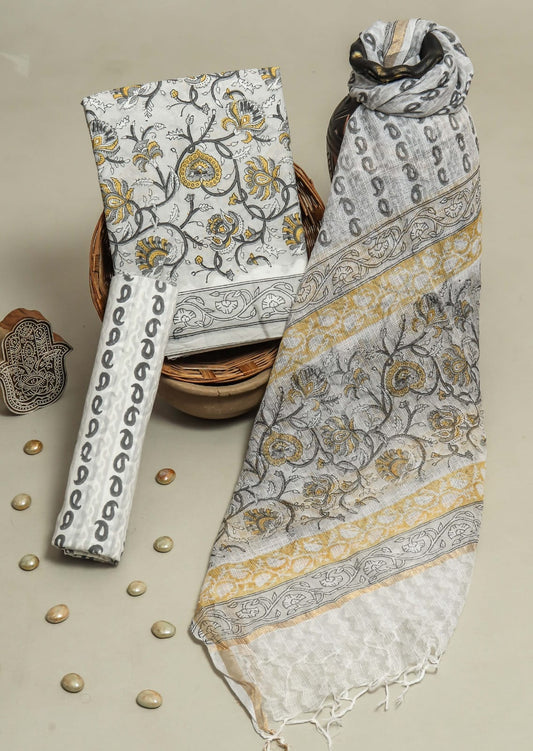 Bagru Hand Block Printed Cotton Suit Sets with Kota Doriya Dupatta (BACOTKD16)