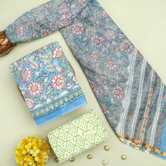 Bagru Hand Block Printed Cotton Suit Sets with Kota Doriya Dupatta (BACOTKD17)