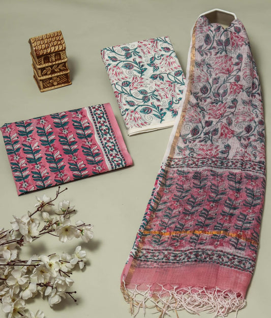 Bagru Hand Block Printed Cotton Suit Sets with Kota Doriya Dupatta (BACOTKD27)
