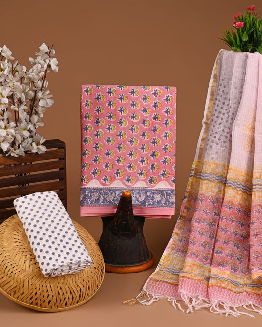 Bagru Hand Block Printed Cotton Suit Sets with Kota Doriya Dupatta (BACOTKD22)