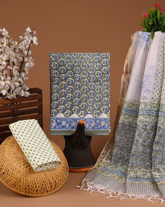 Bagru Hand Block Printed Cotton Suit Sets with Kota Doriya Dupatta (BACOTKD23)