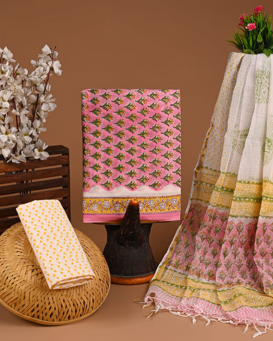 Bagru Hand Block Printed Cotton Suit Sets with Kota Doriya Dupatta (BACOTKD24)