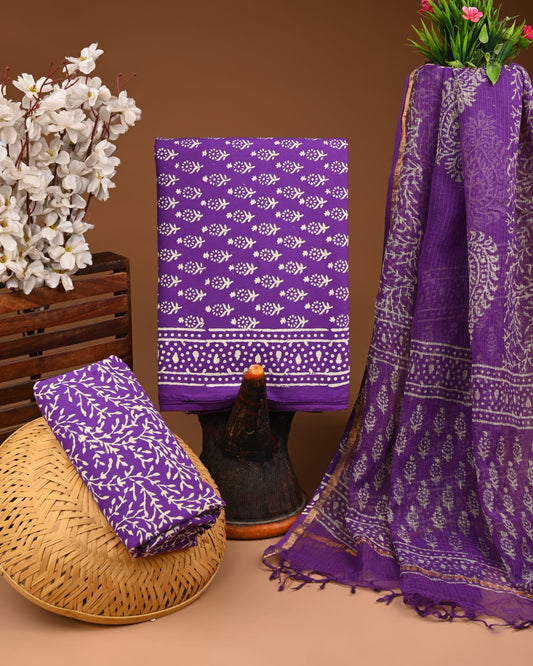 Bagru Hand Block Printed Cotton Suit Sets with Kota Doriya Dupatta (BACOTKD26)