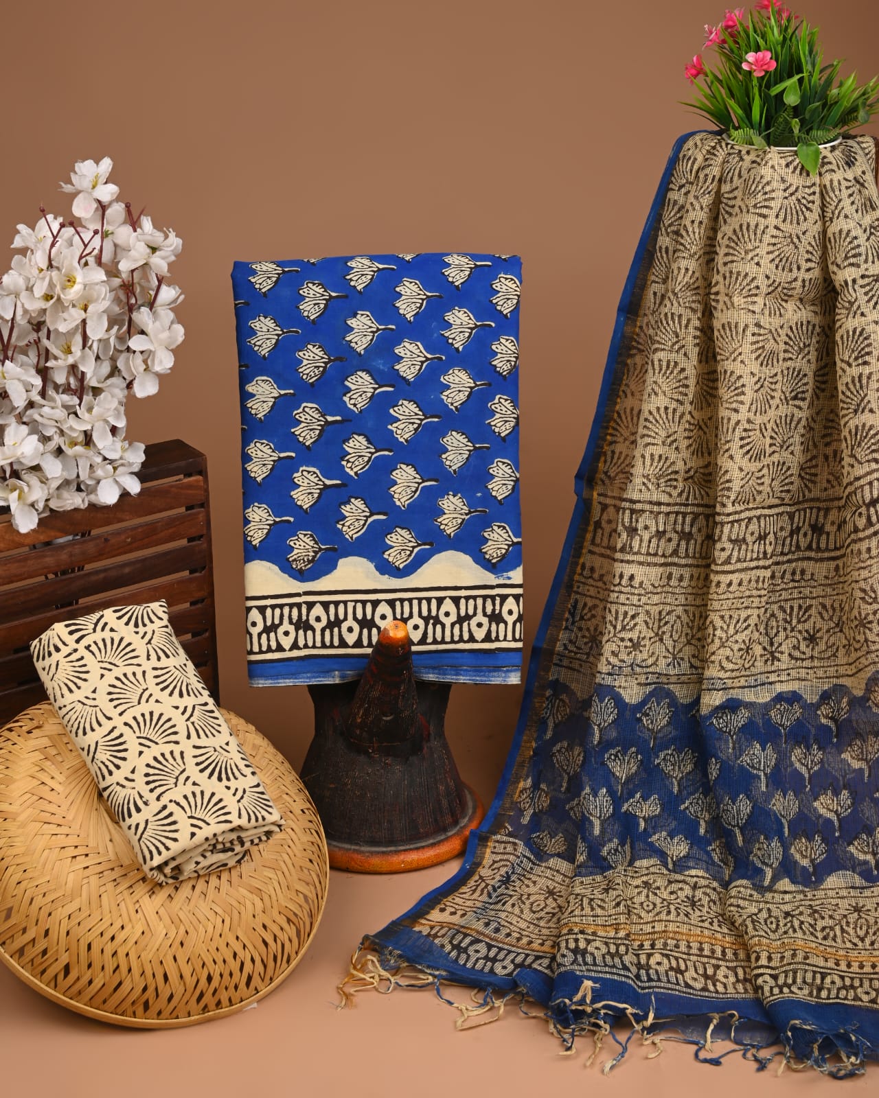 Bagru Hand Block Printed Cotton Suit Sets with Kota Doriya Dupatta (BACOTKD27)