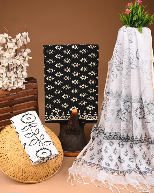 Bagru Hand Block Printed Cotton Suit Sets with Kota Doriya Dupatta (BACOTKD28)