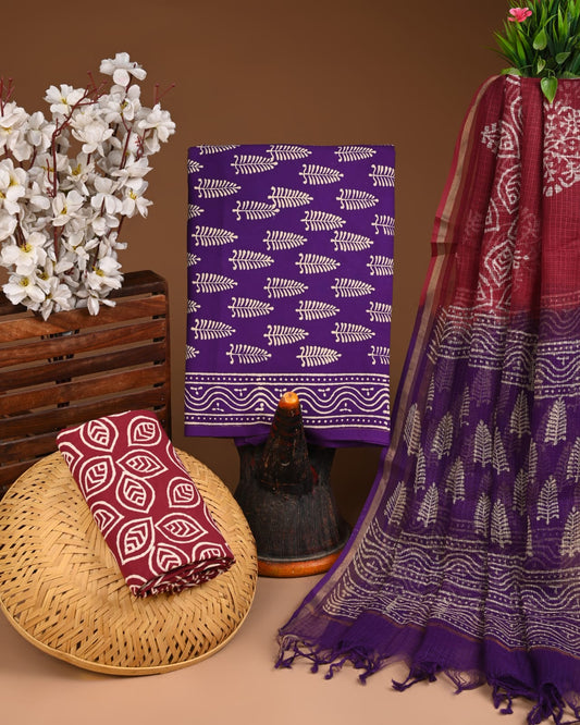 Bagru Hand Block Printed Cotton Suit Sets with Kota Doriya Dupatta (BACOTKD30)
