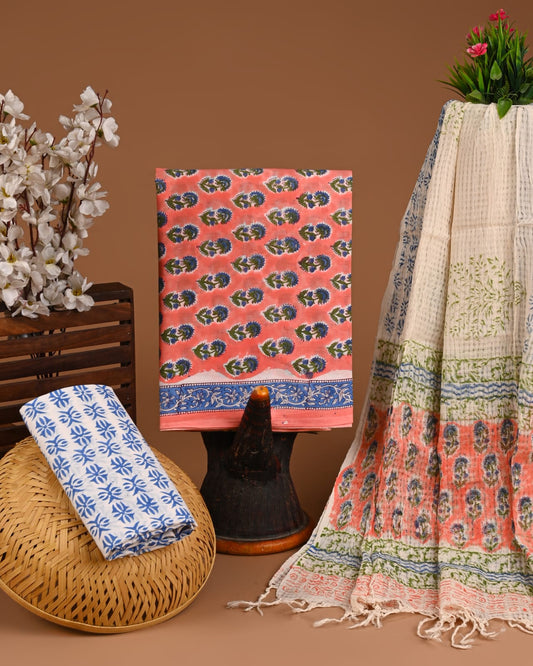 Bagru Hand Block Printed Cotton Suit Sets with Kota Doriya Dupatta (BACOTKD31)