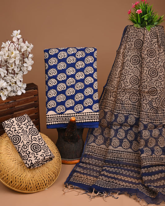 Bagru Hand Block Printed Cotton Suit Sets with Kota Doriya Dupatta (BACOTKD33)