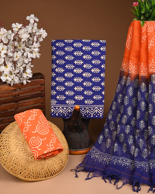 Bagru Hand Block Printed Cotton Suit Sets with Kota Doriya Dupatta (BACOTKD35)
