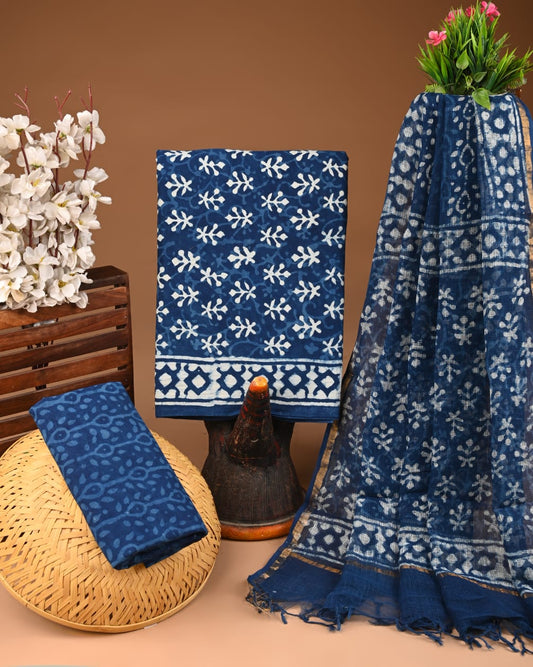 Hand Block Printed Pure Cotton Suits With Pure Kota Doriya Duptta (BACOTKD36)