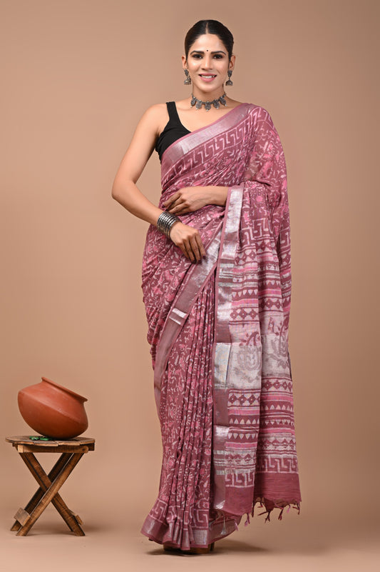Premium Bagru Handblock Print Linen Sarees (BALS02)