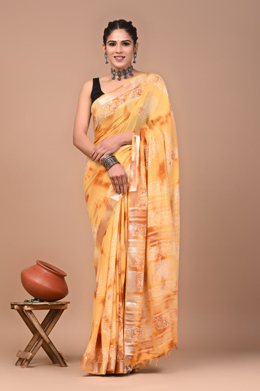 Premium Bagru Handblock Print Linen Sarees (BALS04)