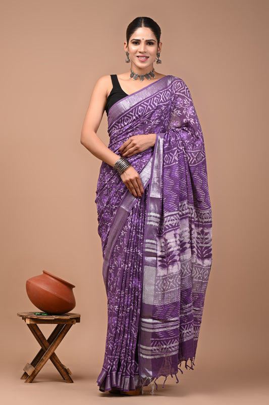 Traditional Hand block Print Linen Sarees (BALS05)
