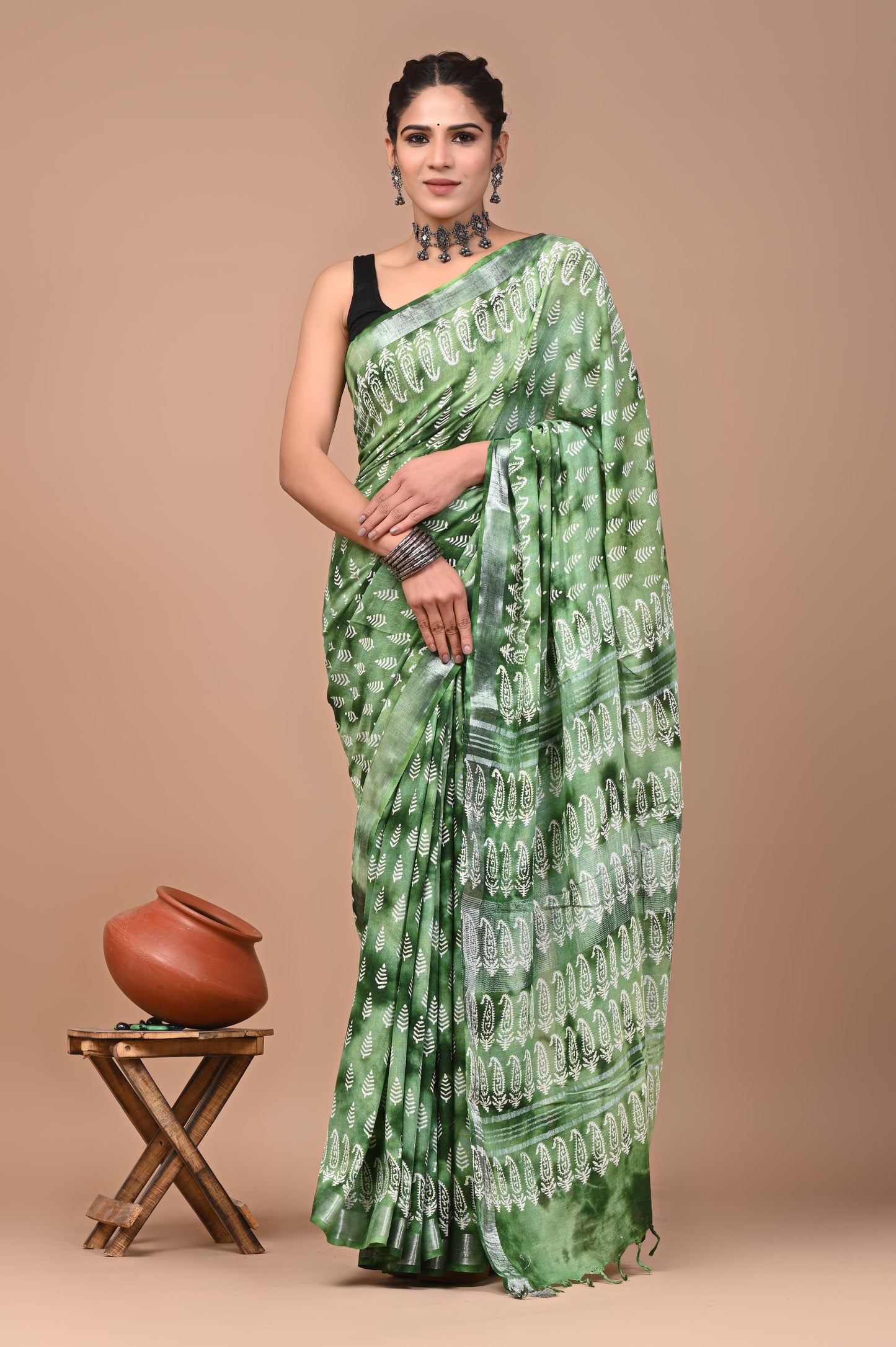 Traditional Hand block Print Linen Sarees (BALS07)