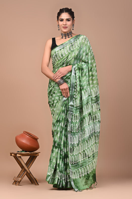 Traditional Hand block Print Linen Sarees (BALS07)